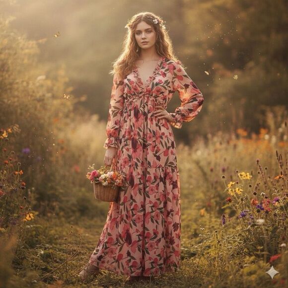 No Brand Dresses & Skirts - Pink Floral Maxi Dress Small Boho Long Sleeve Tiered Romantic Cottagecore